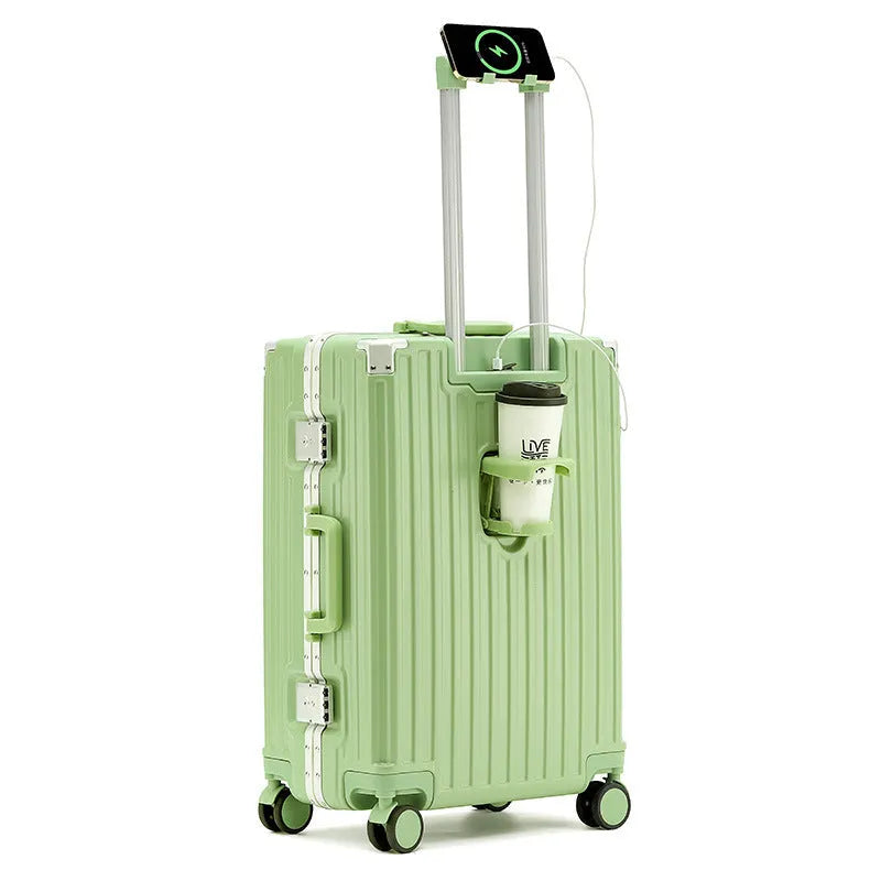 Aluminium frame trolley suitcase in avocado green with multi-functional pockets and USB port.