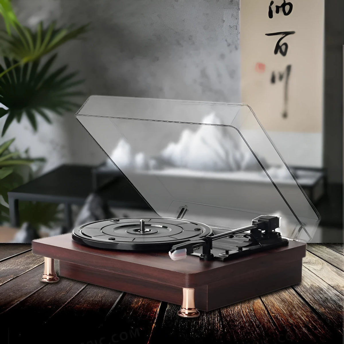 Retro vinyl record player with wood grain finish, transparent dust cover, and built-in speaker