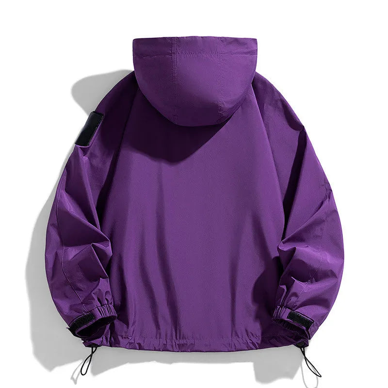 Men's black waterproof windproof hooded coat with polyester fibre construction