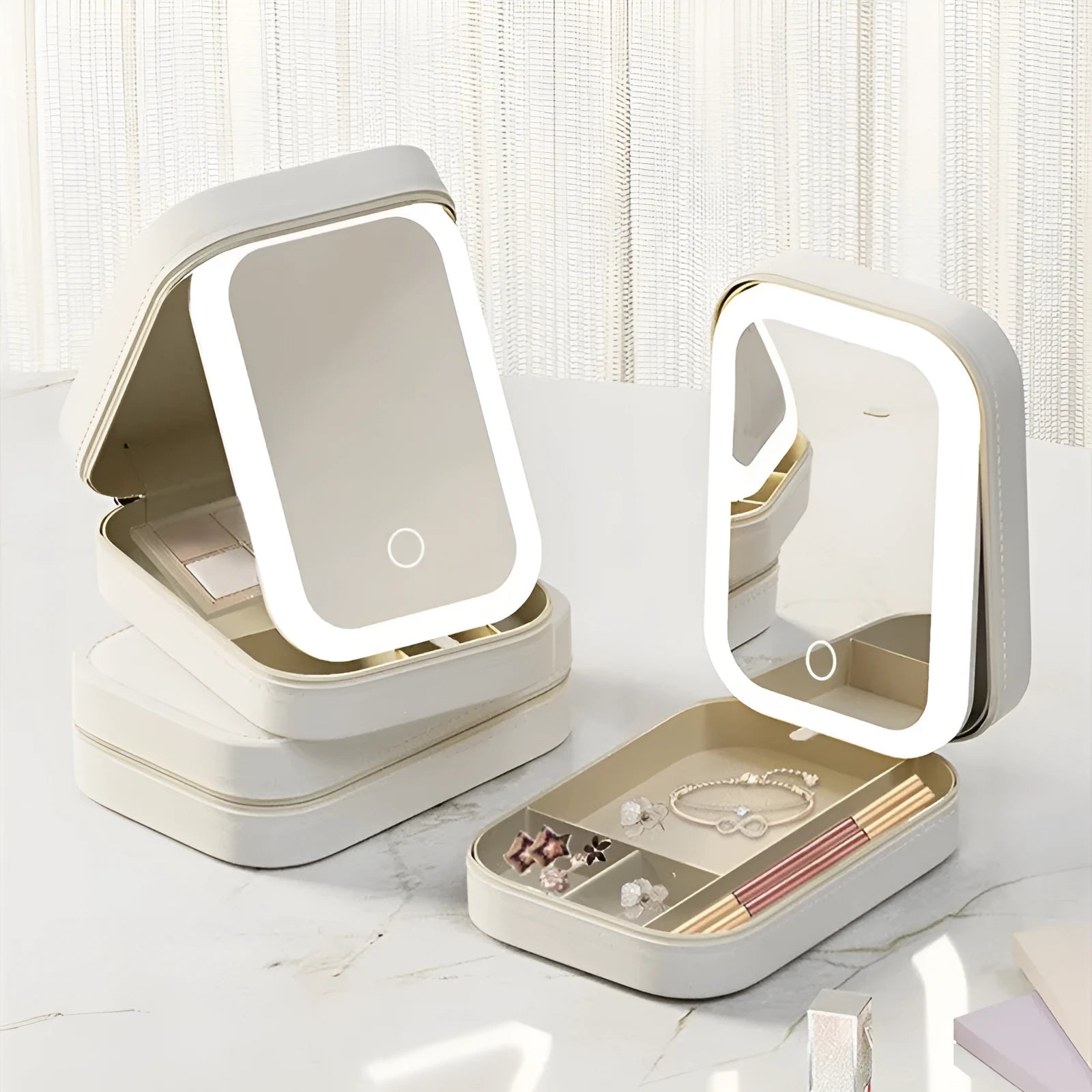 Portable makeup storage box with LED light mirror in cherry blossom pink, showing touch control and storage compartment.
