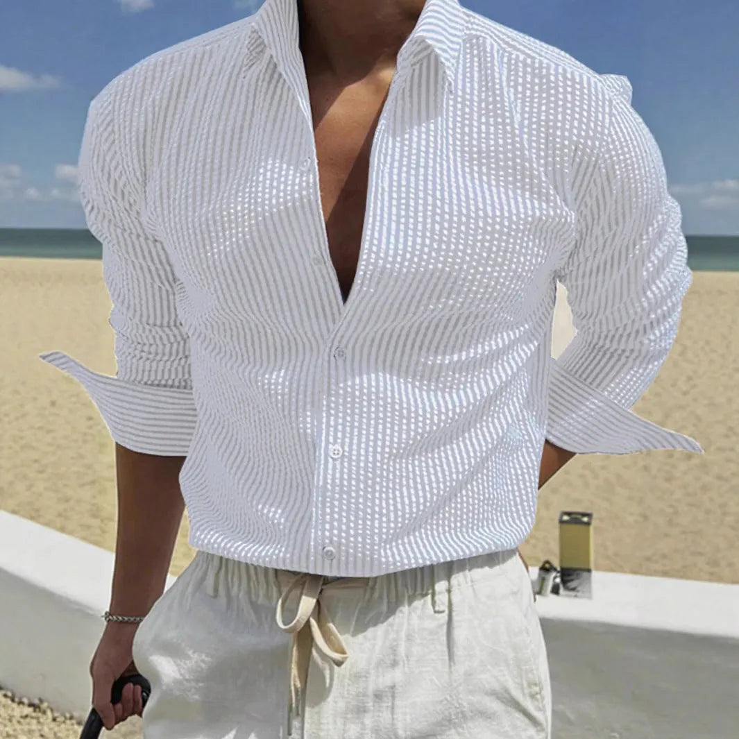 Men's striped cardigan lapel long sleeve shirt in polyester available in multiple colours.