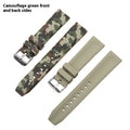 Green camouflage silicone watch strap for 22mm flat head lugs, showing thickness and length.