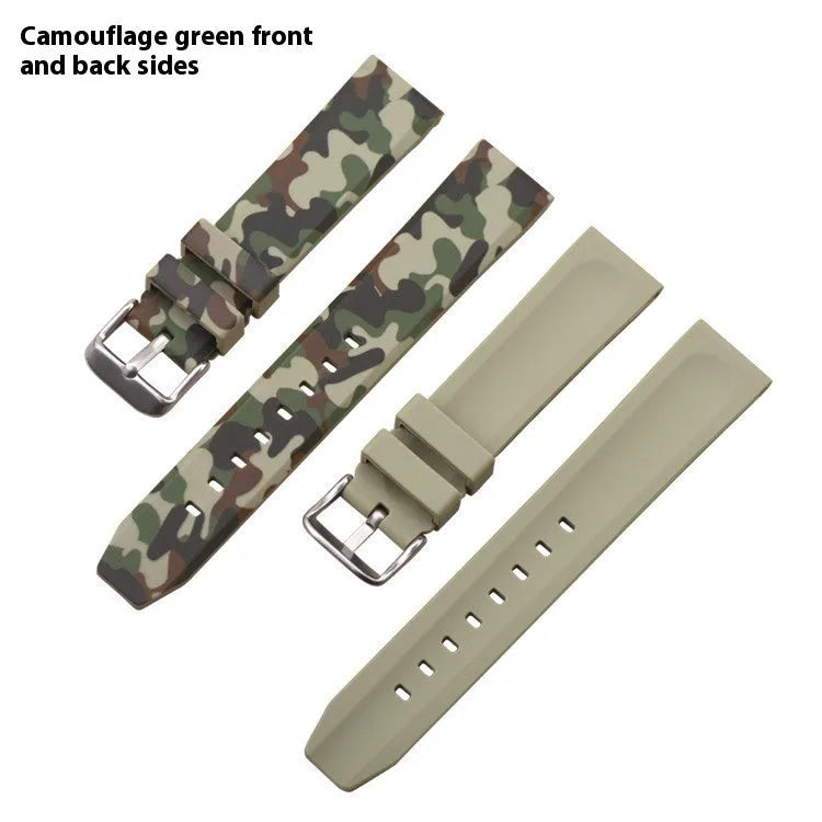 Green camouflage silicone watch strap for 22mm flat head lugs, showing thickness and length.