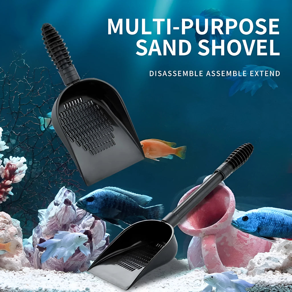 Aquarium sand shovel with extendable handle and quick-drain design for fish tank maintenance