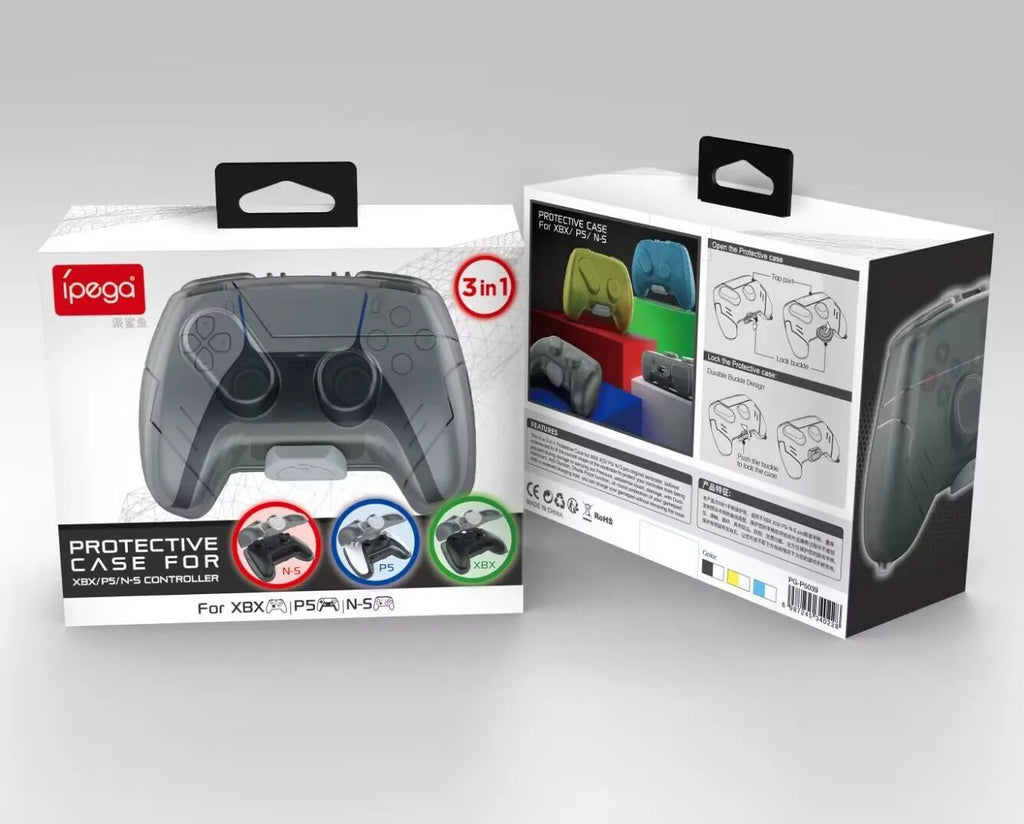 Transparent grey hard plastic protective case for a game controller.