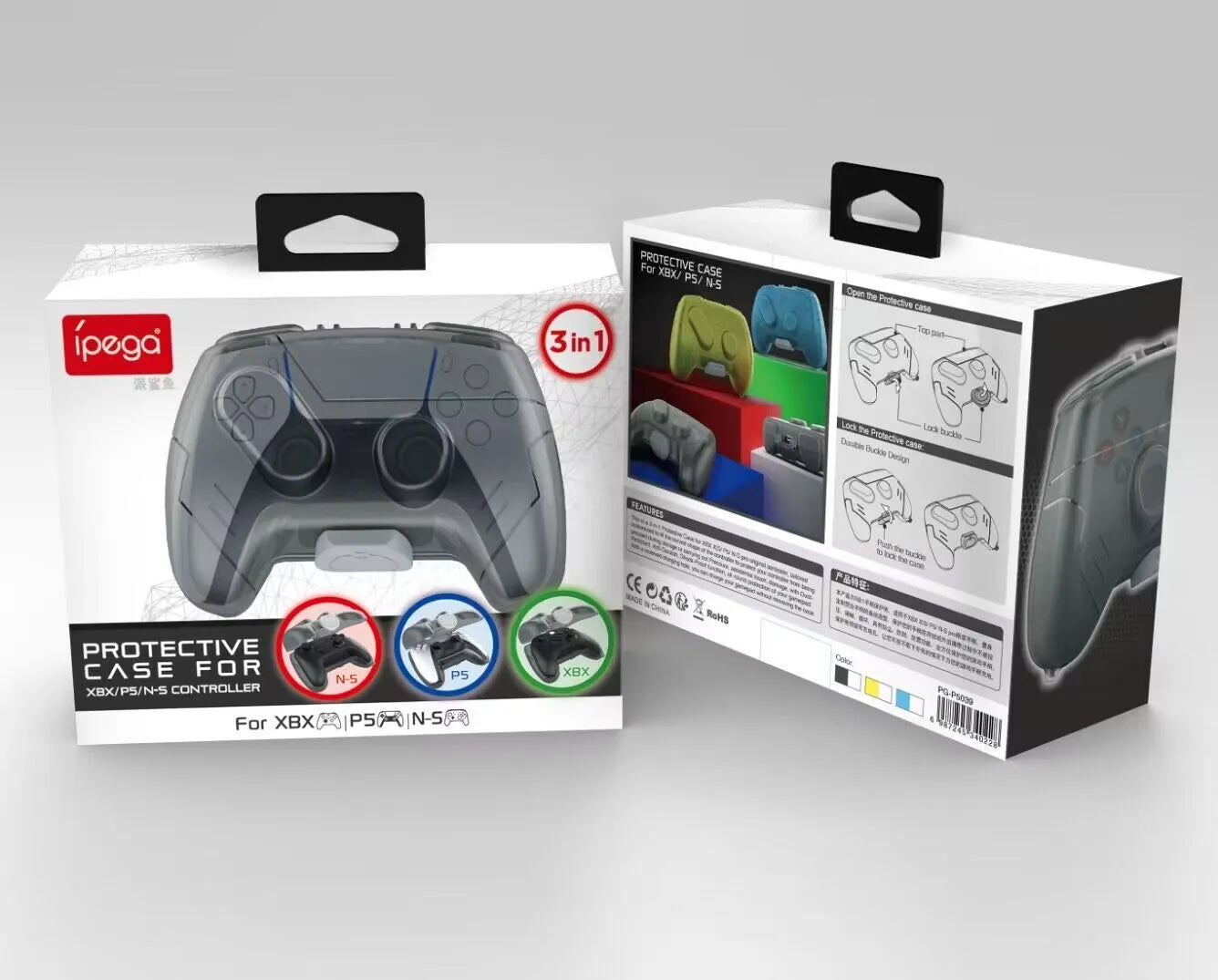 Transparent grey hard plastic protective case for a game controller.