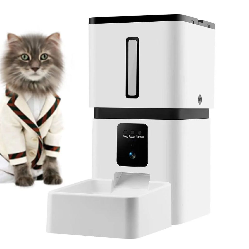 White smart pet feeder with 8L WiFi automatic timing for dogs and cats on a table