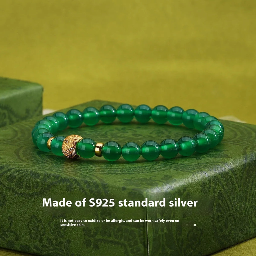 Natural green agate geometric bracelet with S925 sterling silver and yellow gold electroplated finish