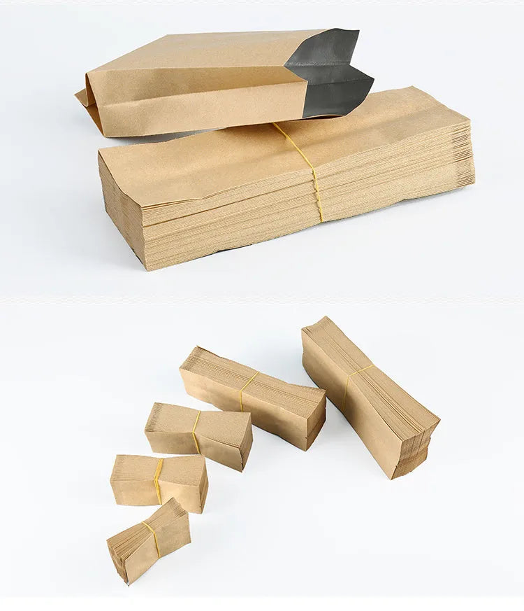 Yellow kraft paper tin foil bag with inner aluminium layer for snack food packaging.