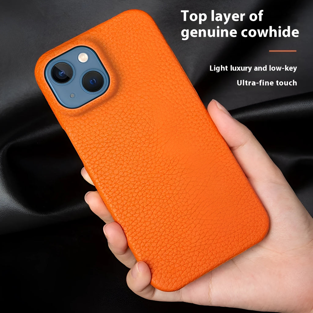 Genuine leather half pack phone case in orange, for iPhone 16 series, with anti-fall and anti-wear features