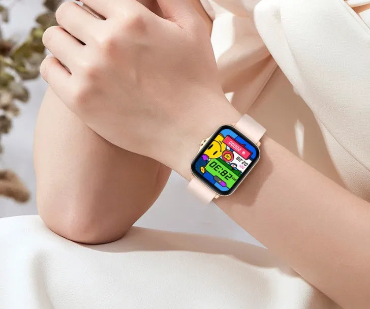 Black smart sports watch with a 1.7-inch colour touch screen on a adjustable strap, showing the home screen interface.