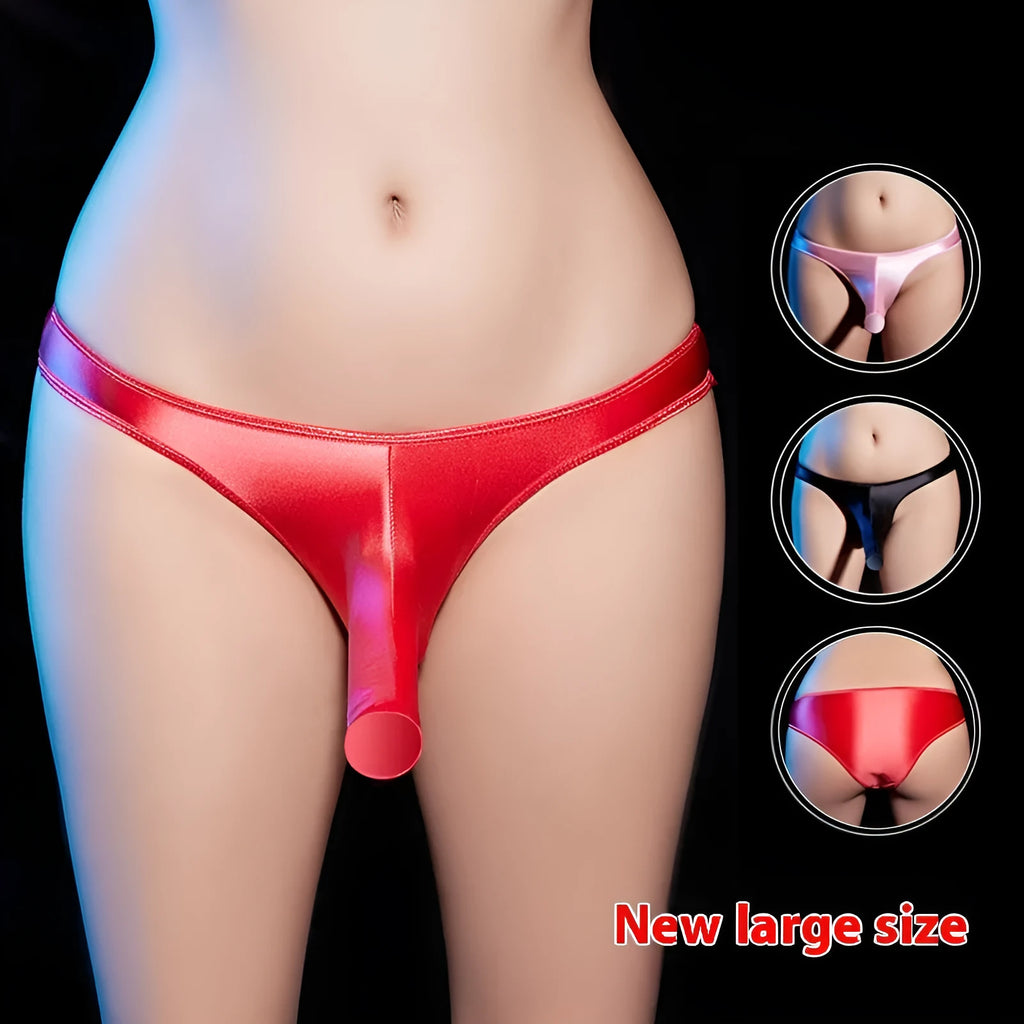 Man's shiny nylon low-waist T-back underwear in black, showing the rear design and fabric texture.