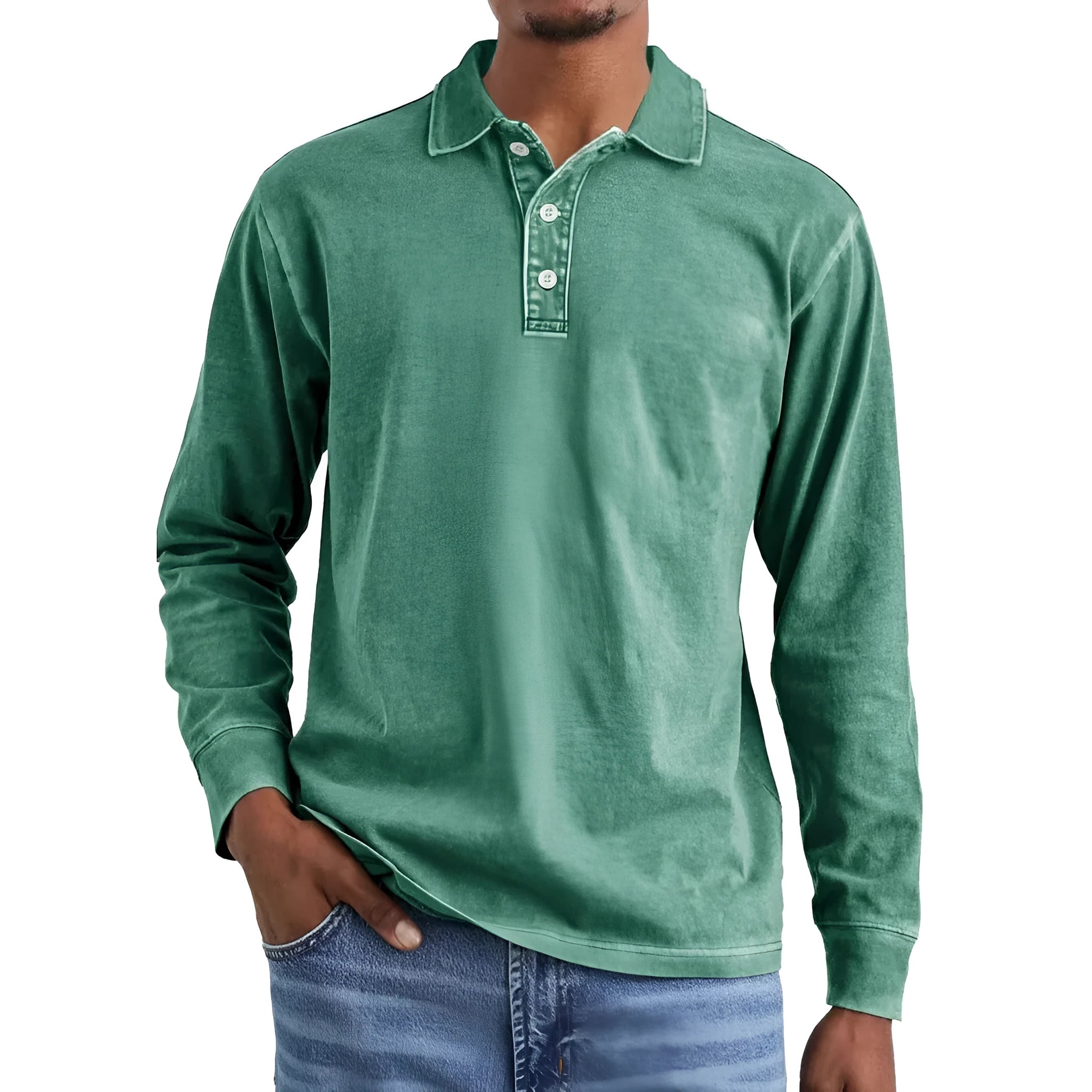 Man wearing a grey washed cotton long sleeve polo shirt with a lapel collar and subtle distressing.