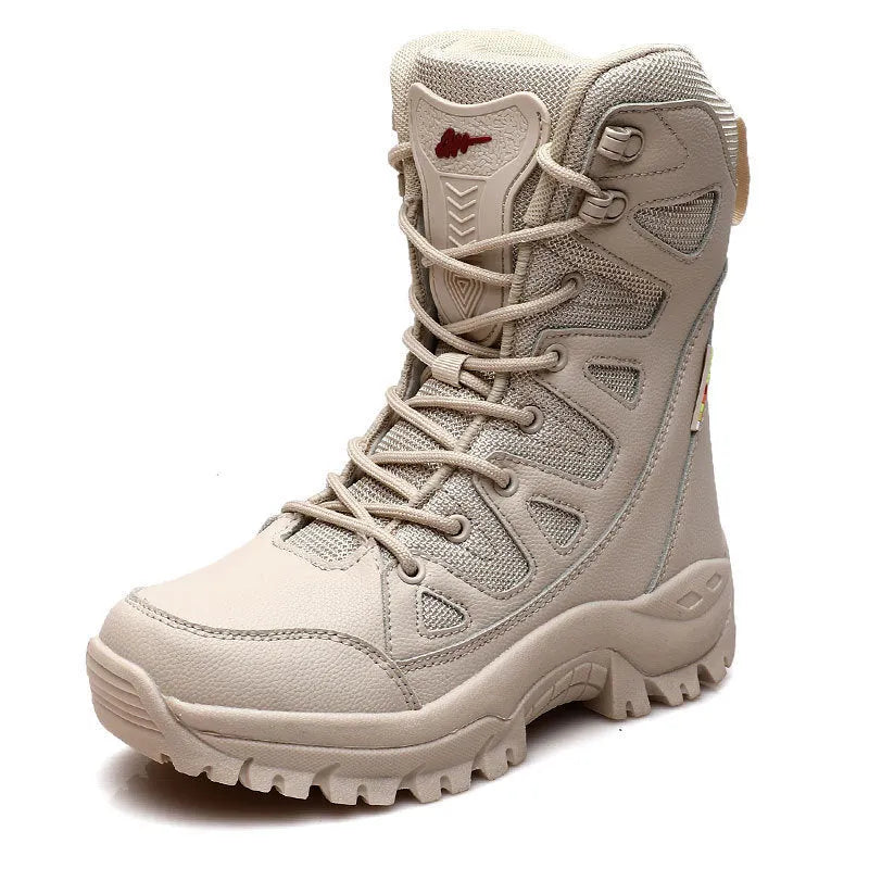 Cowhide leather hi-top hiking shoes in black brown beige colours for outdoor activities