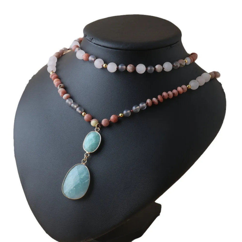 Handmade natural stone beaded necklace with round pendant in green colour option