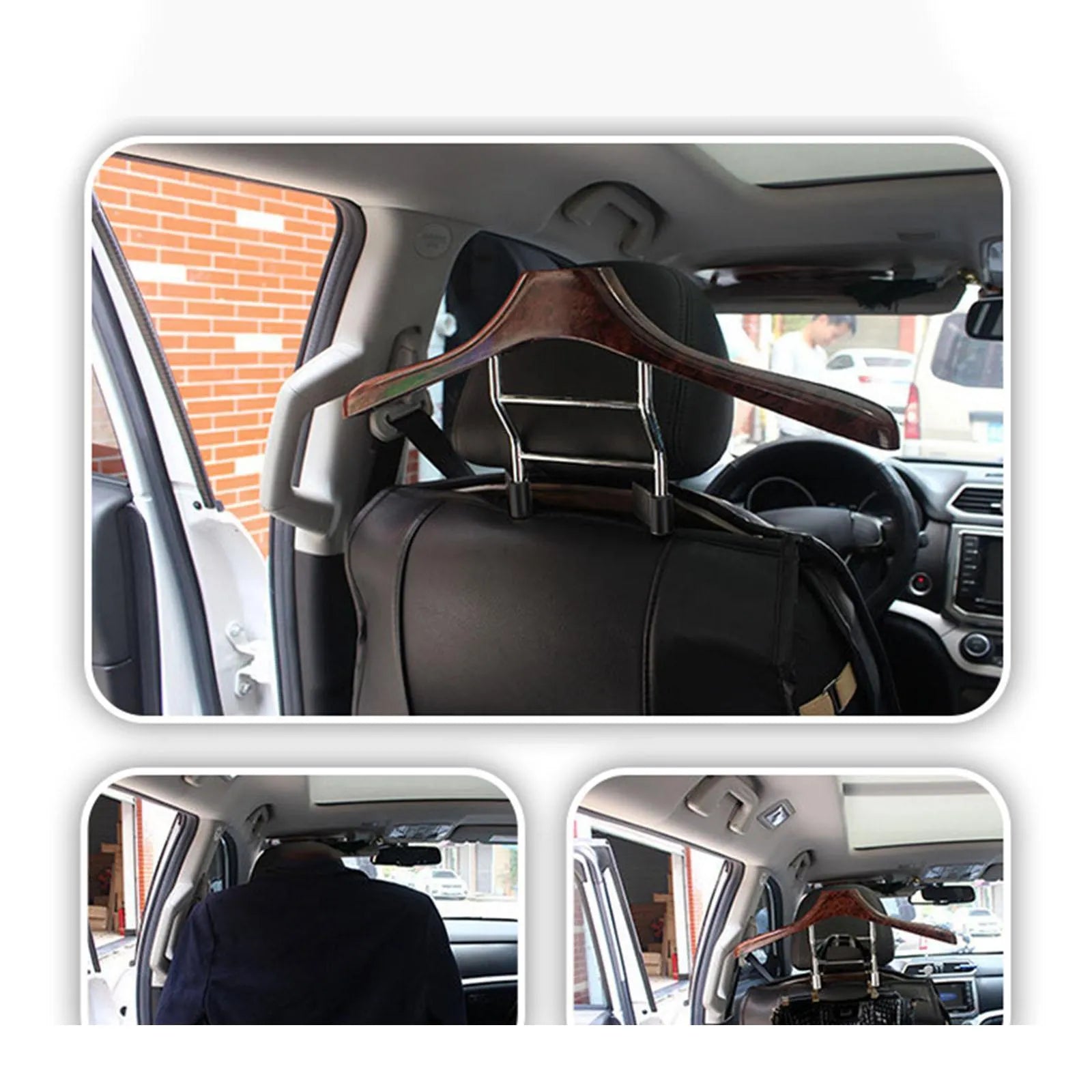 Wood yellow stainless steel car clothes hanger mounted on vehicle headrest