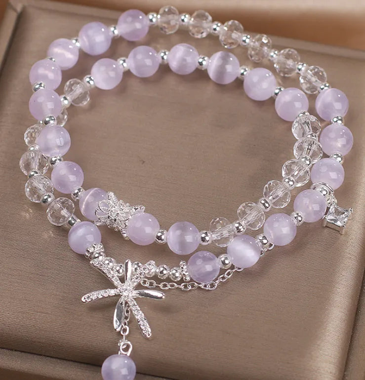 Light purple opal cat's eye crystal double ring bracelet for women with flower design