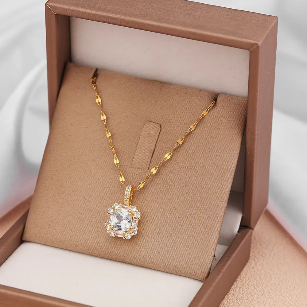 Women's geometric quadrilateral clavicle chain with mixed gemstones on water wave titanium steel chain
