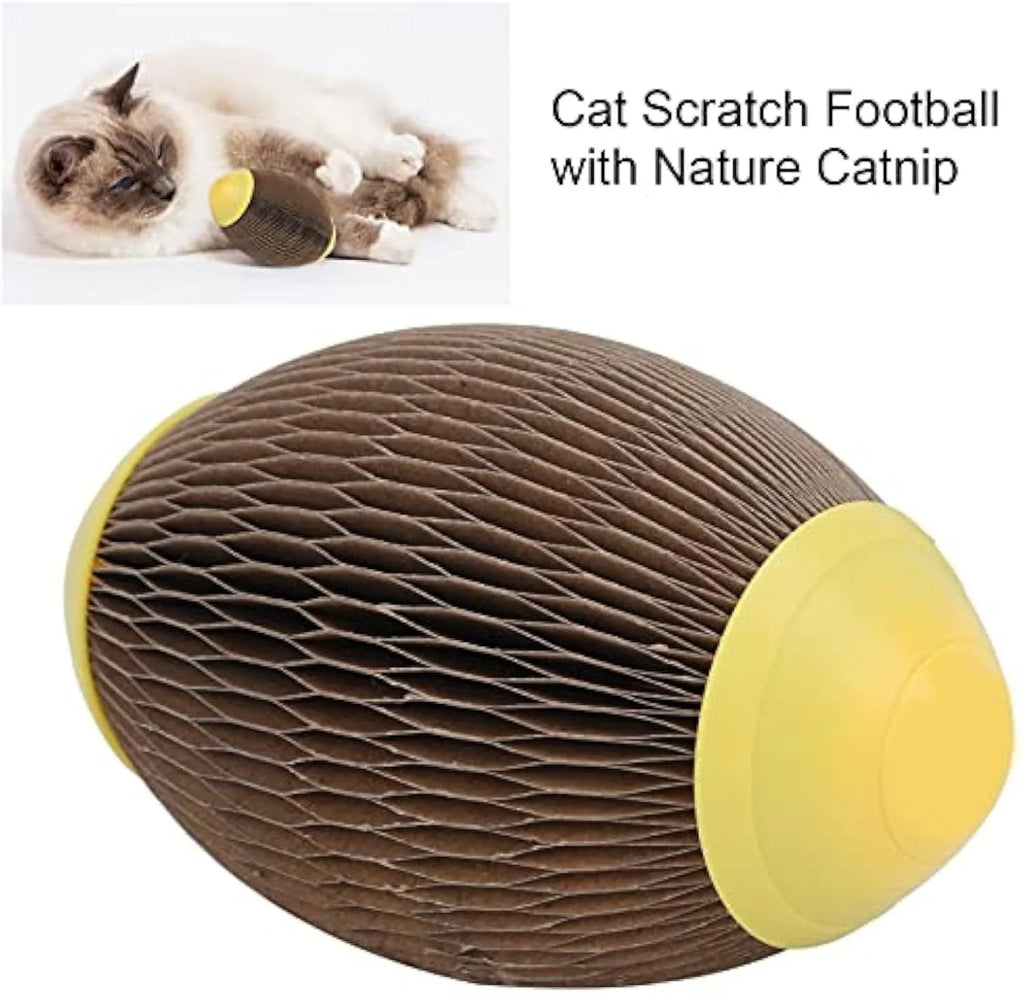 Ellipse-shaped catnip ball toy made of recycled corrugated paper for scratching and play.