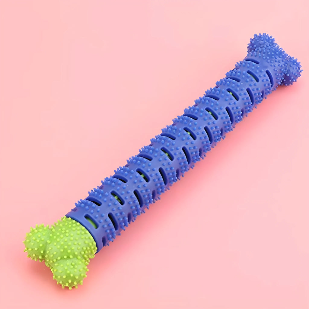 Blue green dog dental chew toy with silicone brush bristles and massage nodules, shown next to a tube of toothpaste.