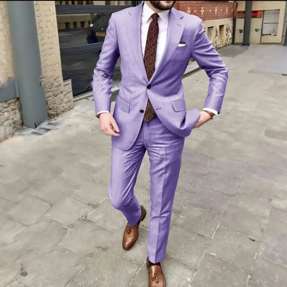 Men's slim fit acetate fibre business suit in multiple colours with two-button jacket and matching trousers