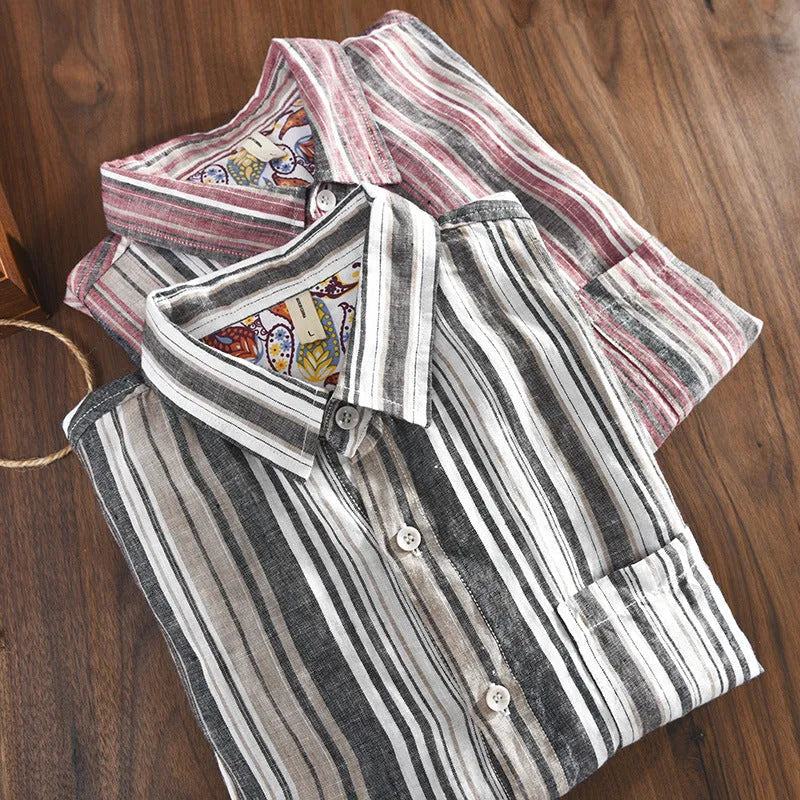 Men's grey striped linen shirt with long sleeves and loose fit casual design