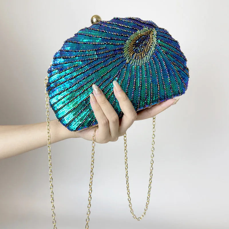 Women's vintage beaded one-shoulder crossbody chain handbag in blue, black, gold, silver or red with phone and ID pockets.