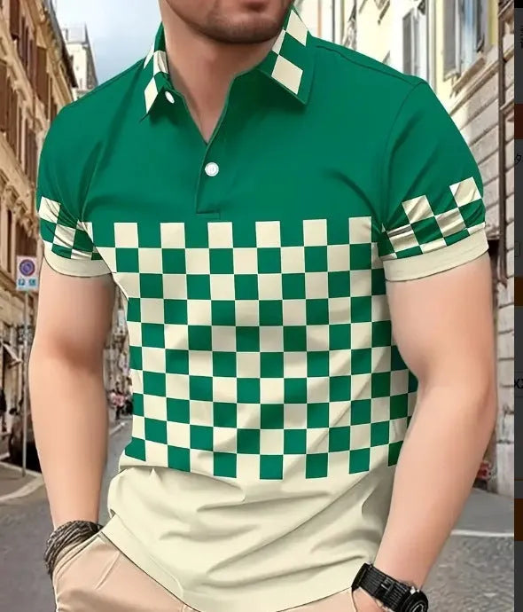 Men's loose fit short-sleeved lapel polo shirt in a solid colour on a model.