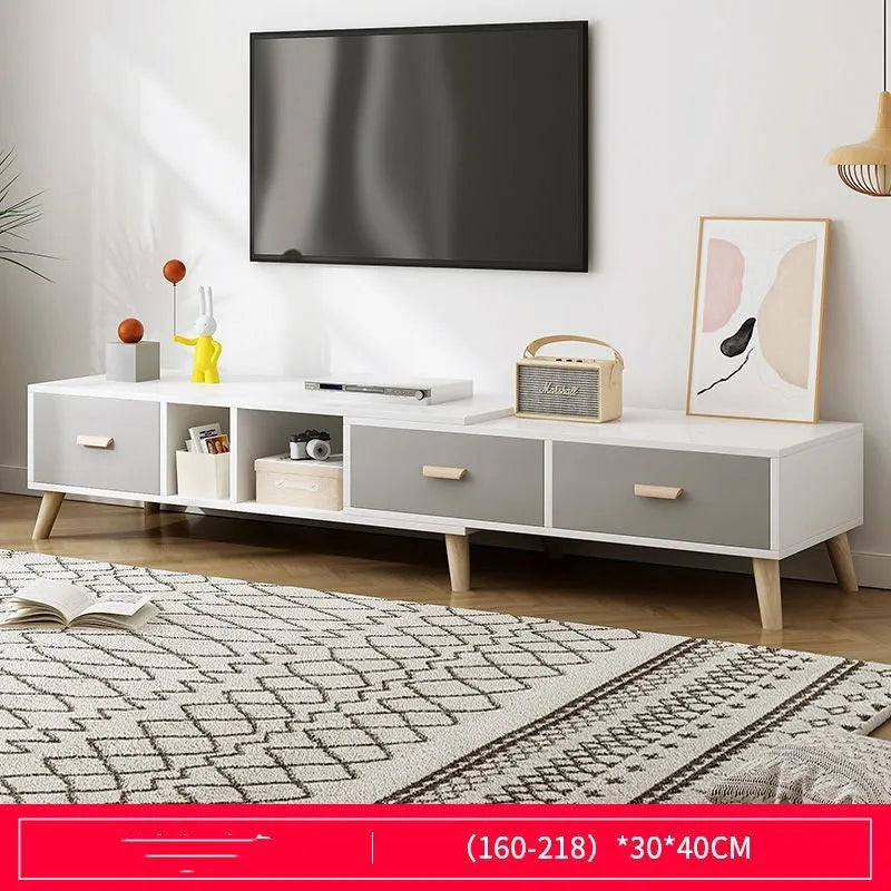 Retractable electric TV cabinet in Pastoral Oak Warm White, size 198cm, for small apartment living room