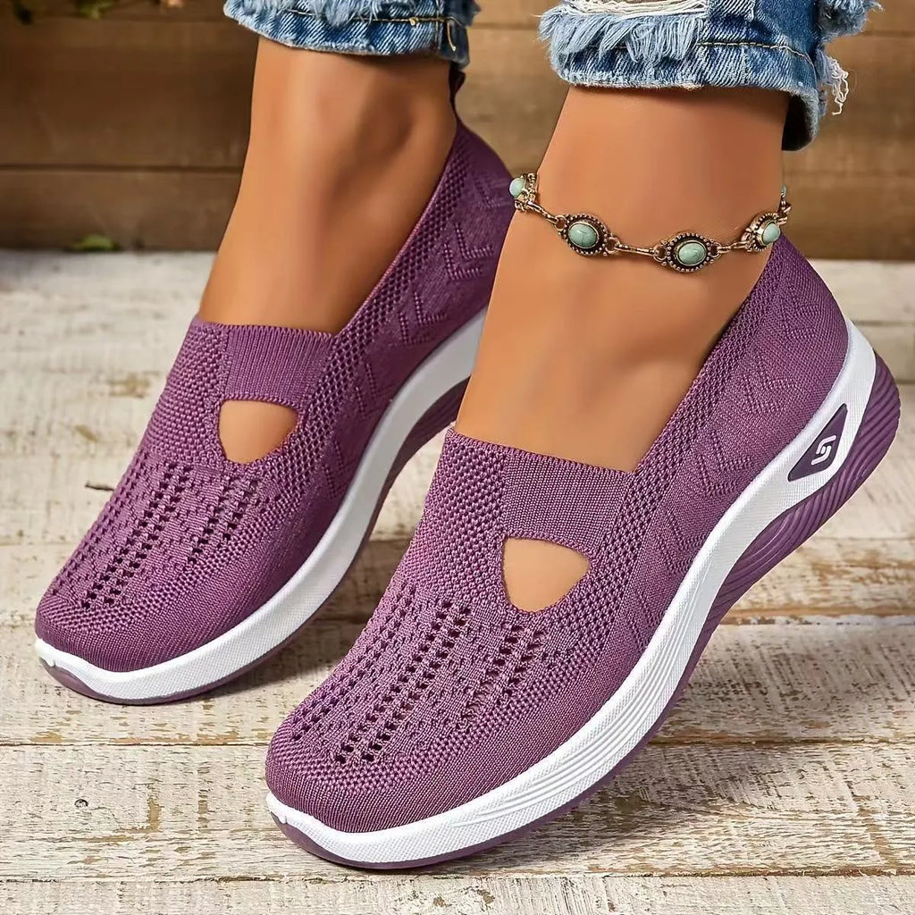 Women's low-top casual mesh shoes with a T-strap, round toe, and soft PVC sole in various solid colours.