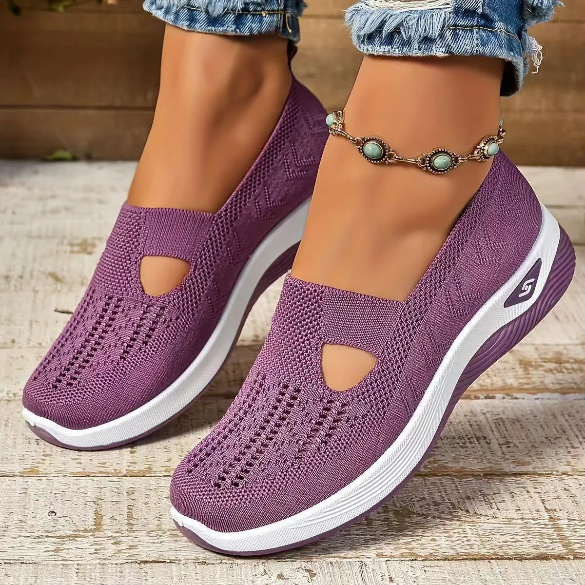 Women's low-top casual mesh shoes with a T-strap, round toe, and soft PVC sole in various solid colours.
