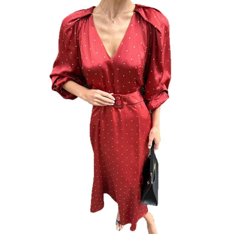 French style polka dot satin dress with V-neck, long fishtail skirt, and shirt sleeves in print pattern