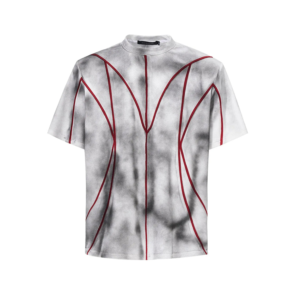 Padded shoulder short sleeve T-shirt with three-dimensional line patchwork and round neck collar