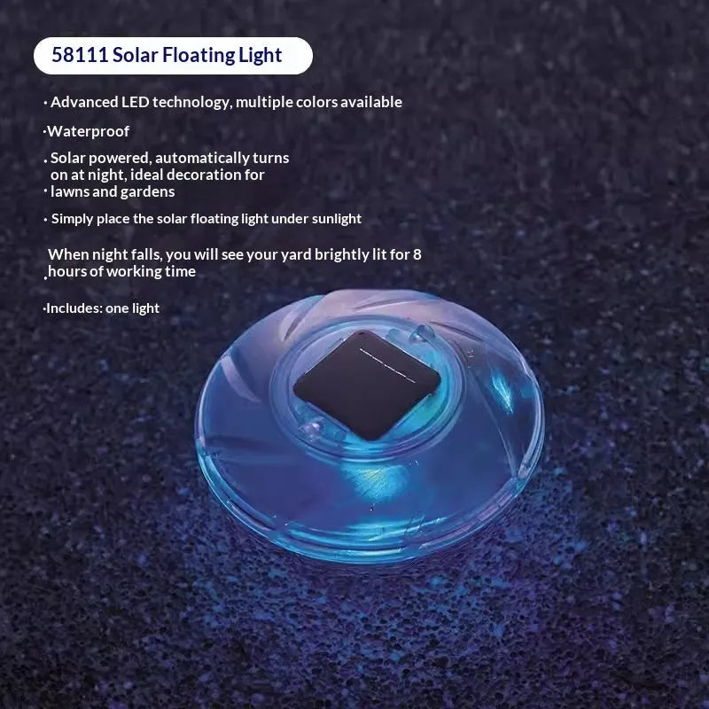 Bestway 58111 solar floating light floating on pool water surface with sunlight reflecting