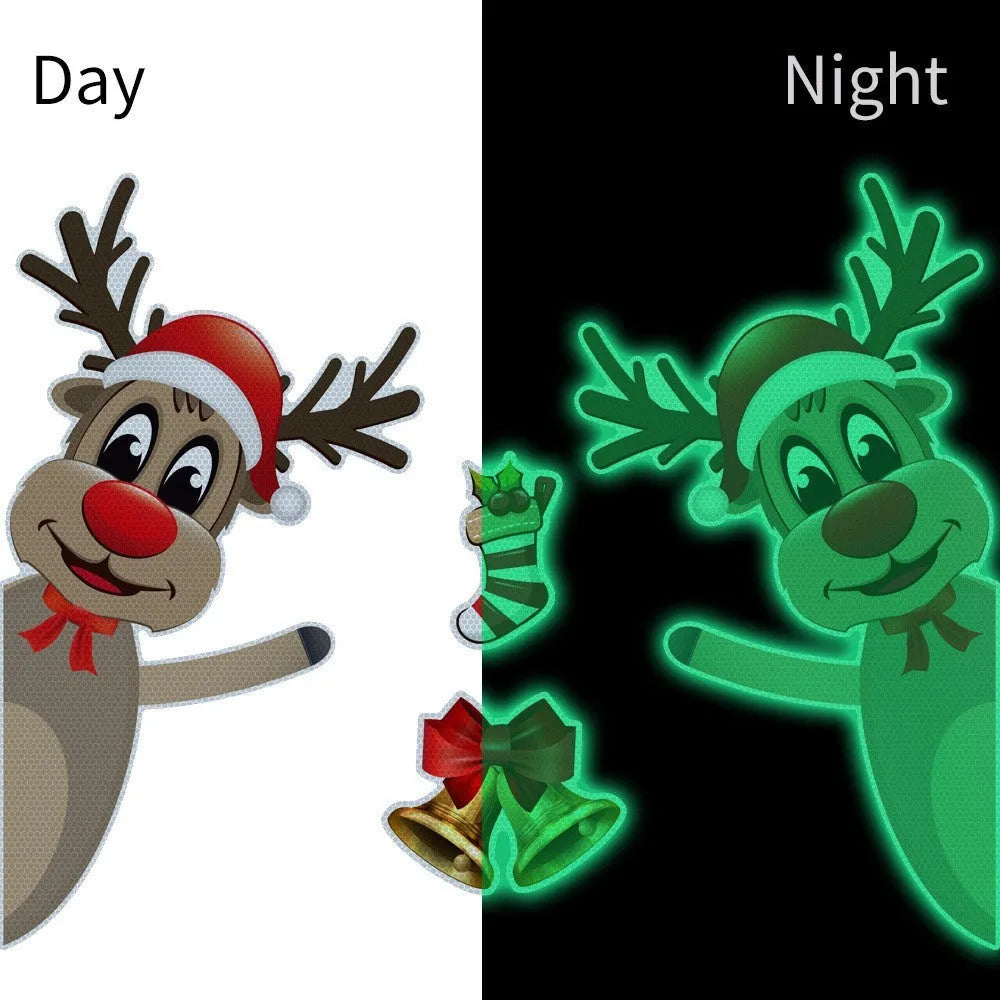 Cartoon-style Christmas elk bell magnetic bumper stickers with reflective luminous finish