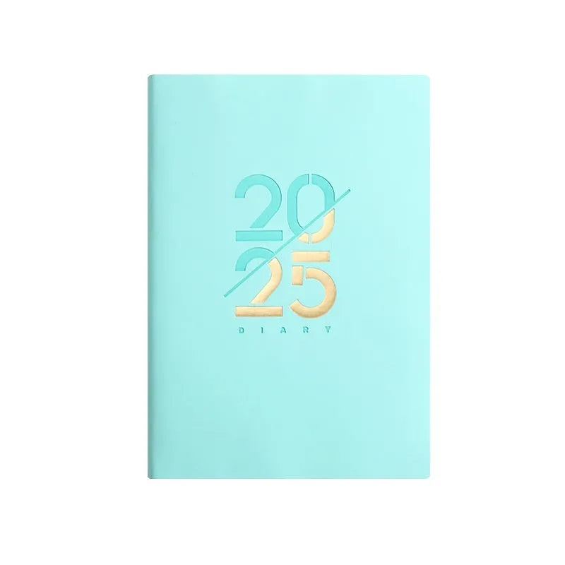 A5 faux leather daily planner schedule book open showing Dorian paper pages with 2025 calendar
