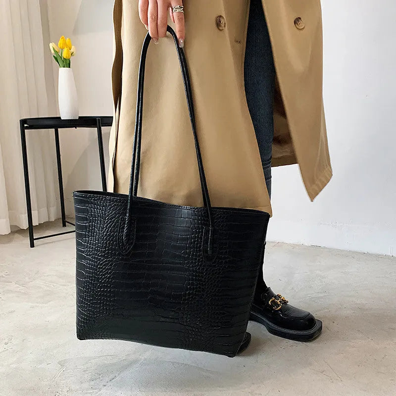 PU crocodile pattern shoulder messenger bag in brown with double connector strap, square vertical shape, and rhombus element