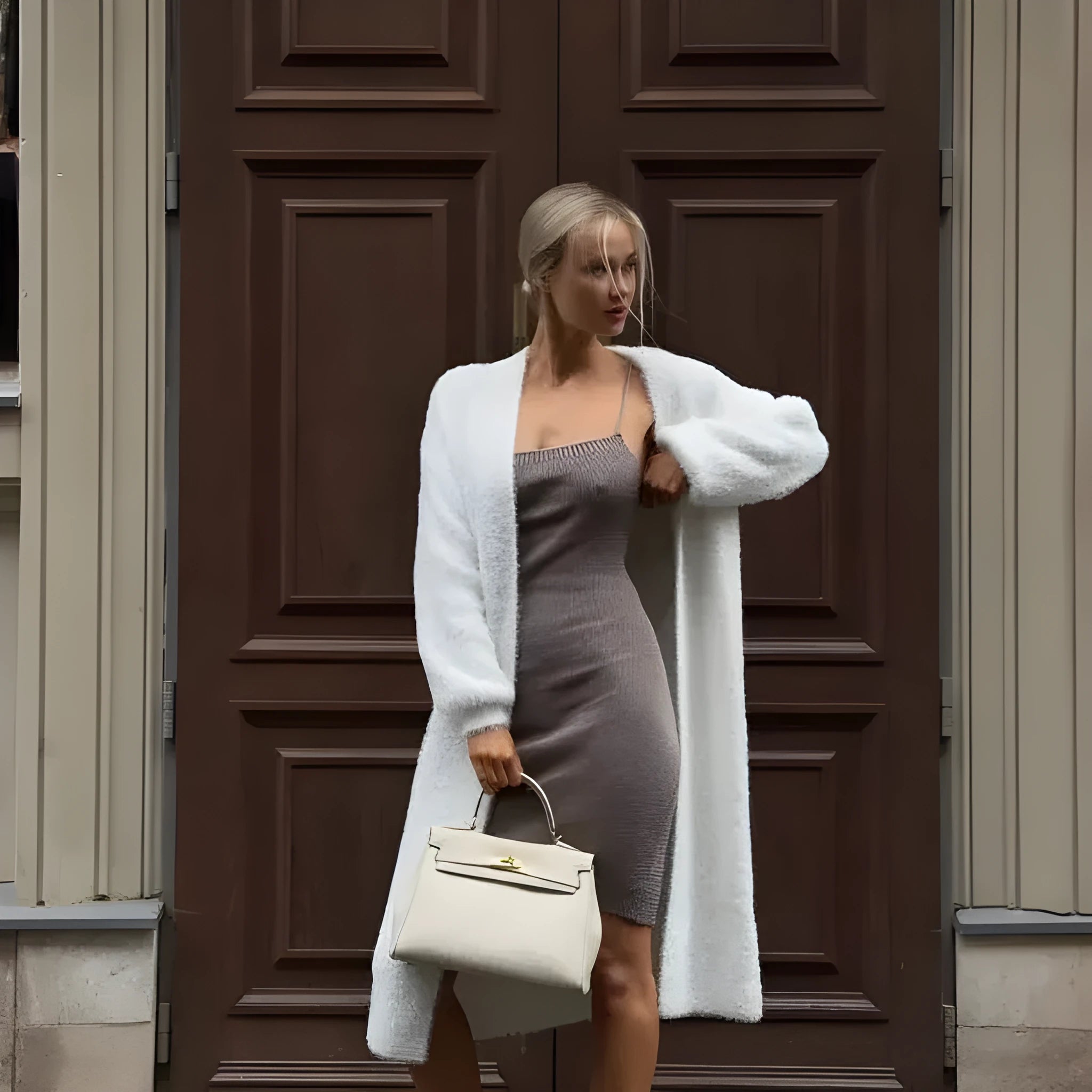 Long white knitted cardigan jacket on a hanger, showing extended length and loose fit.