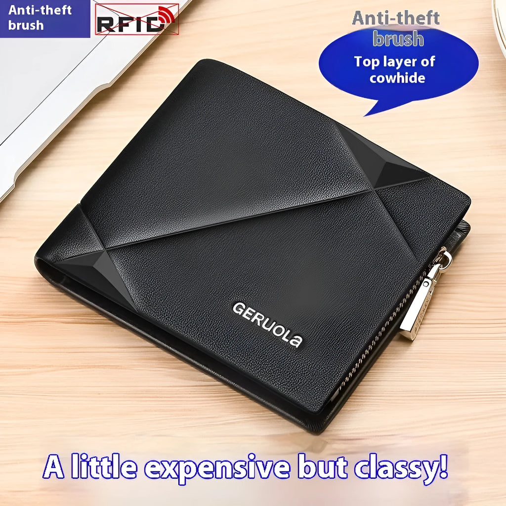 Men's brown leather wallet with zipper closure and rhombus pattern