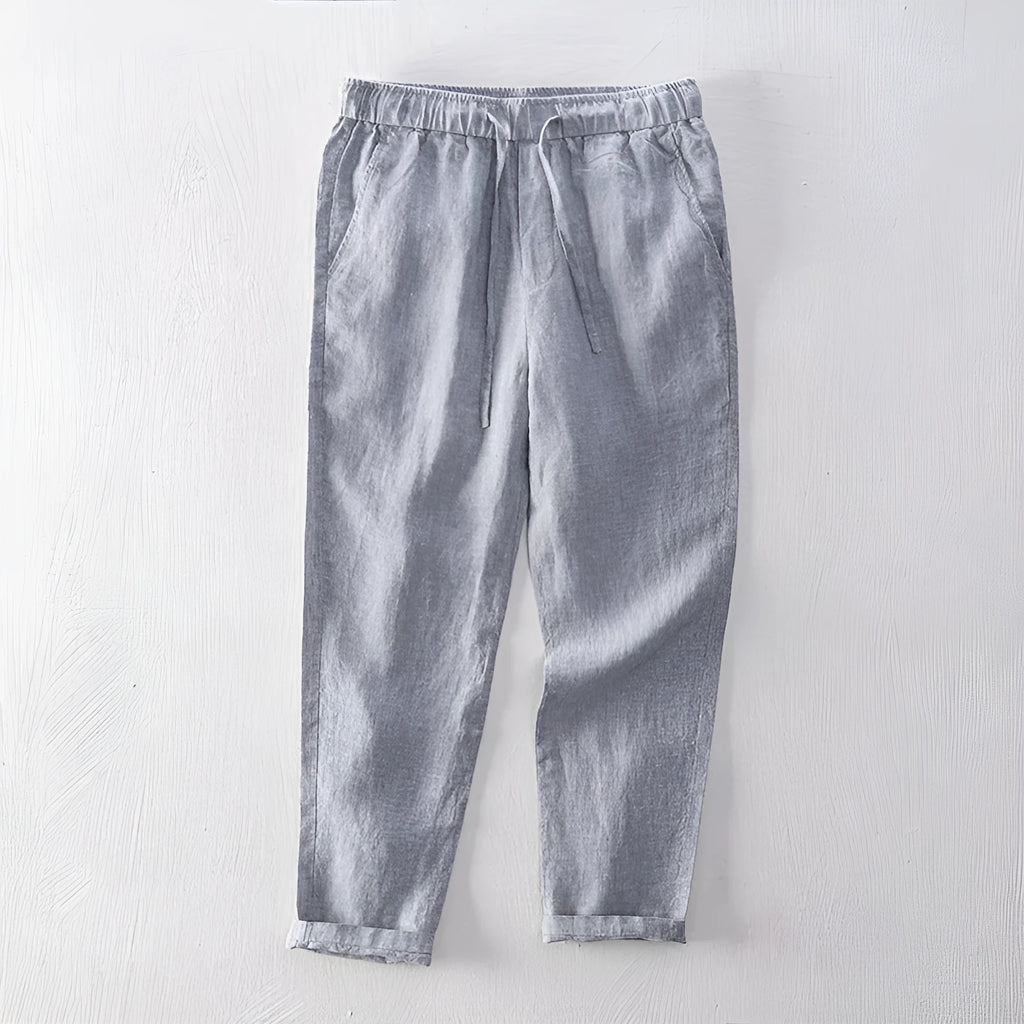 Men's straight-leg linen trousers in mid-waist design showing colour options