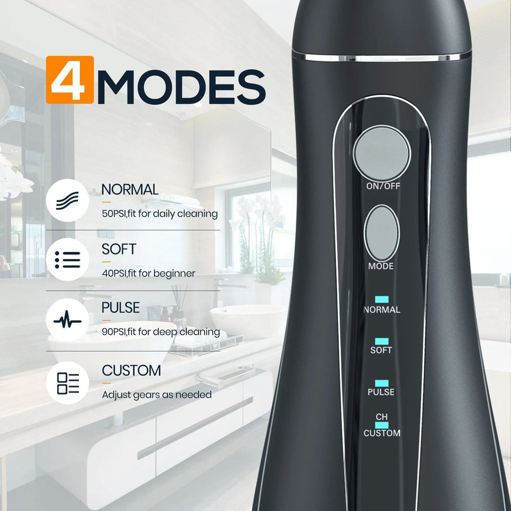 Black prooral portable oral irrigator with water reservoir and smart water toothpick technology