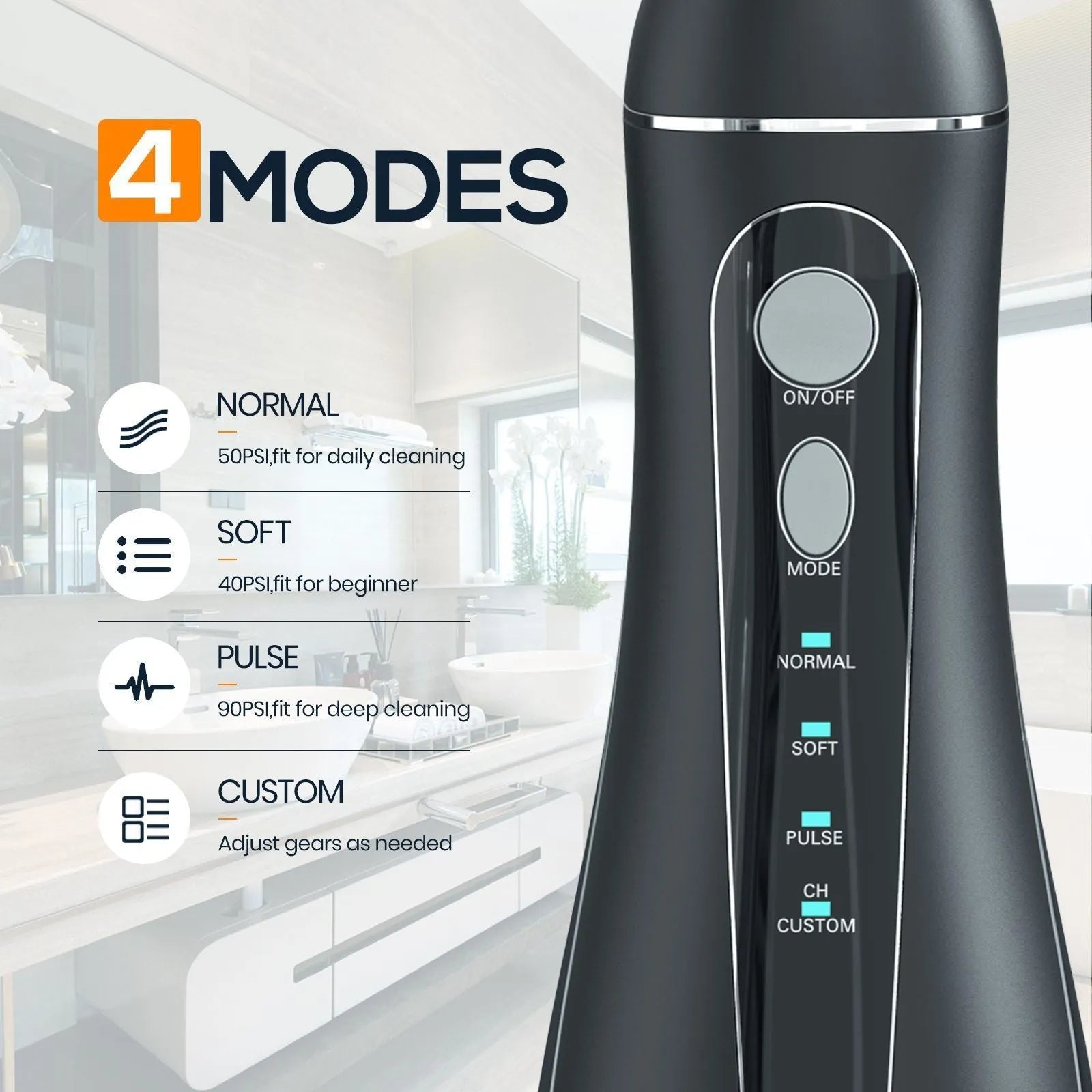 Black prooral portable oral irrigator with water reservoir and smart water toothpick technology