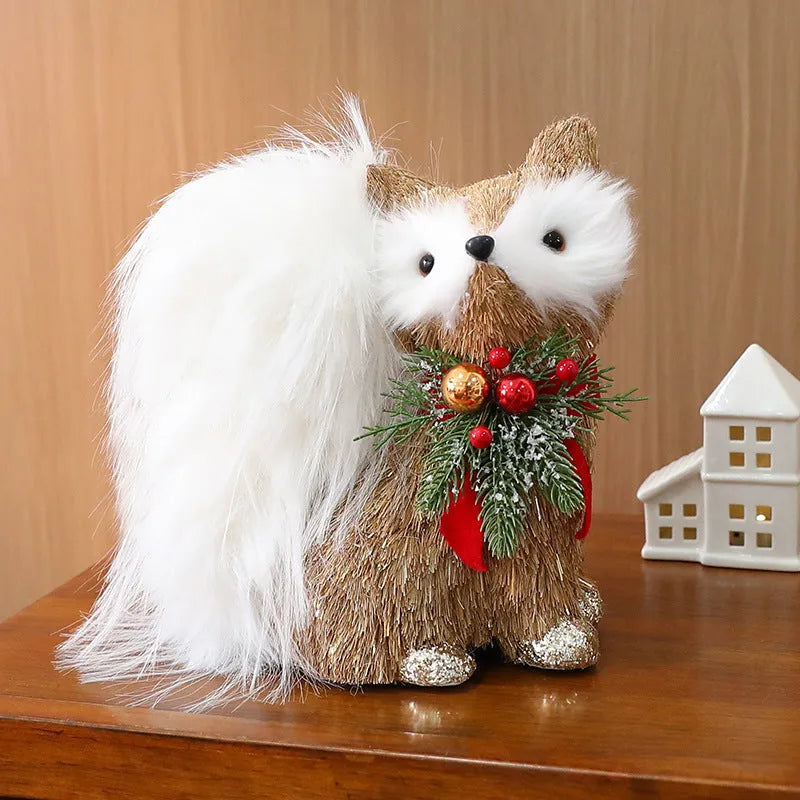Straw Christmas ornament in deer design with natural straw texture and foam core for rustic holiday tabletop display