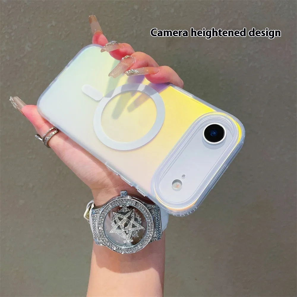 Laser gradient frosted magnetic phone case for iPhone 17 series on a dark background.