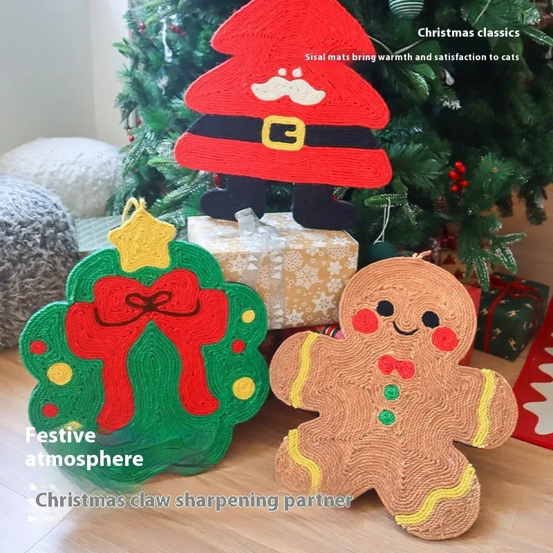 Christmas cat scratch mat in cute style made from natural hemp rope