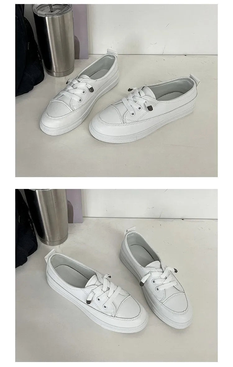 White women's sports breathable shoes with patent leather upper, flat heel, round toe, and front lace-up on a plain background