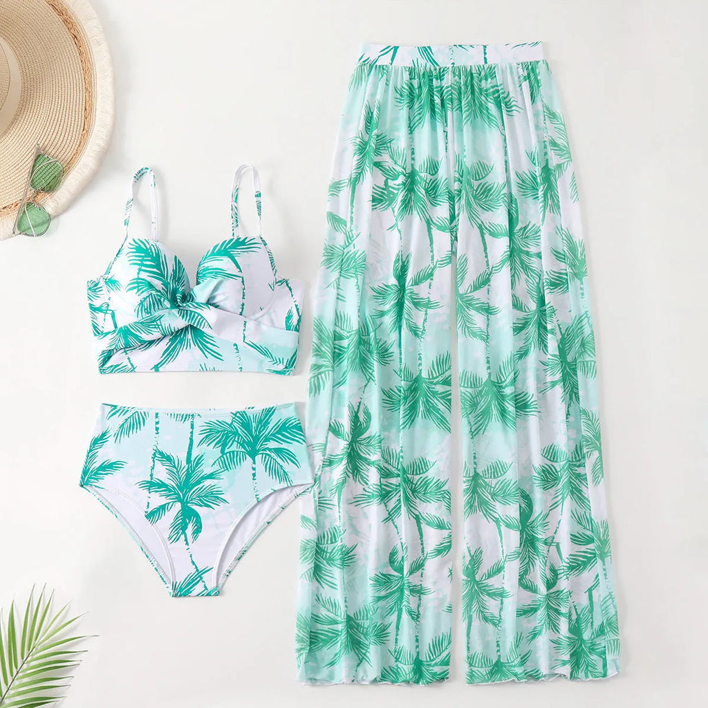 Women's three-piece bikini set in printed polyester and spandex with top and pants, available in black blue emerald green
