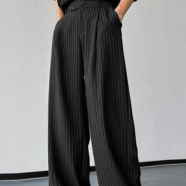 Men's black vertical striped pleated casual trousers showing front and side views