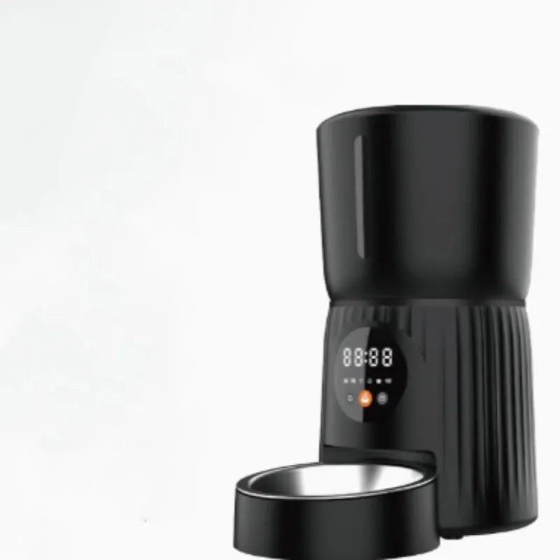 Black automatic pet feeder with digital LCD screen and large food container.