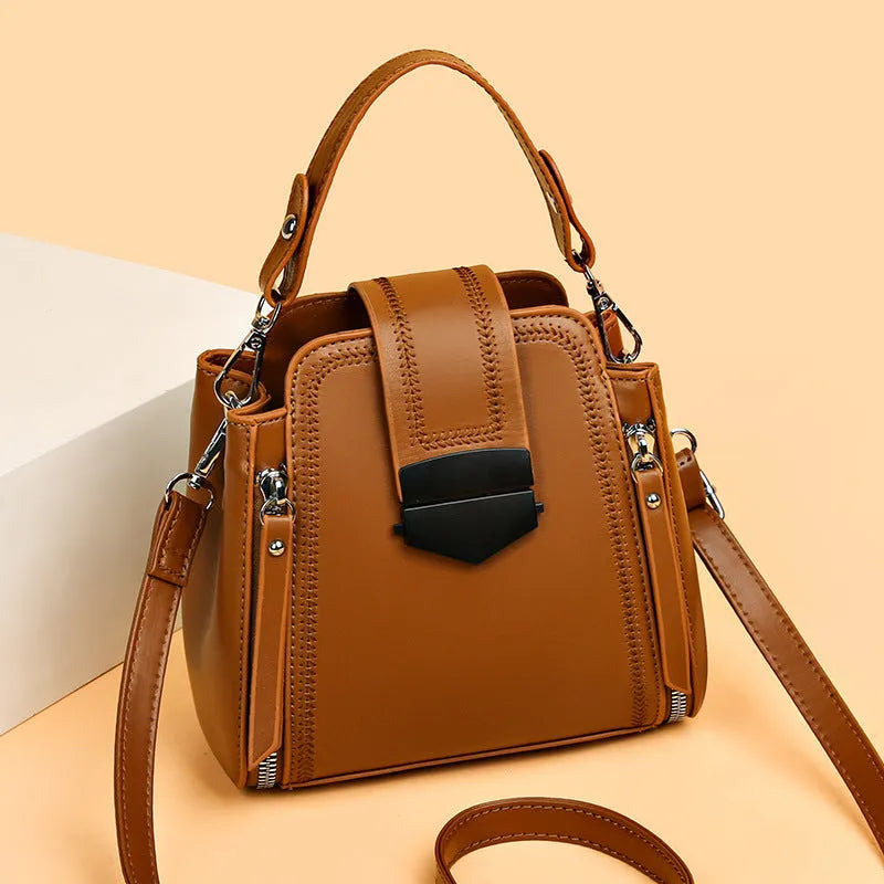 Soft PU leather women's handbag in square vertical design with sewing thread detail